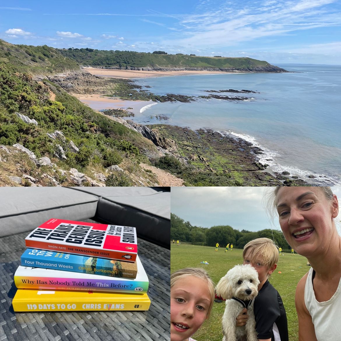 A collage of three photos summarising Bethan's sabbatical. A panoramic beach shot, a pile of reading books and a photo of Bethan, her two children and her dog in a field. 